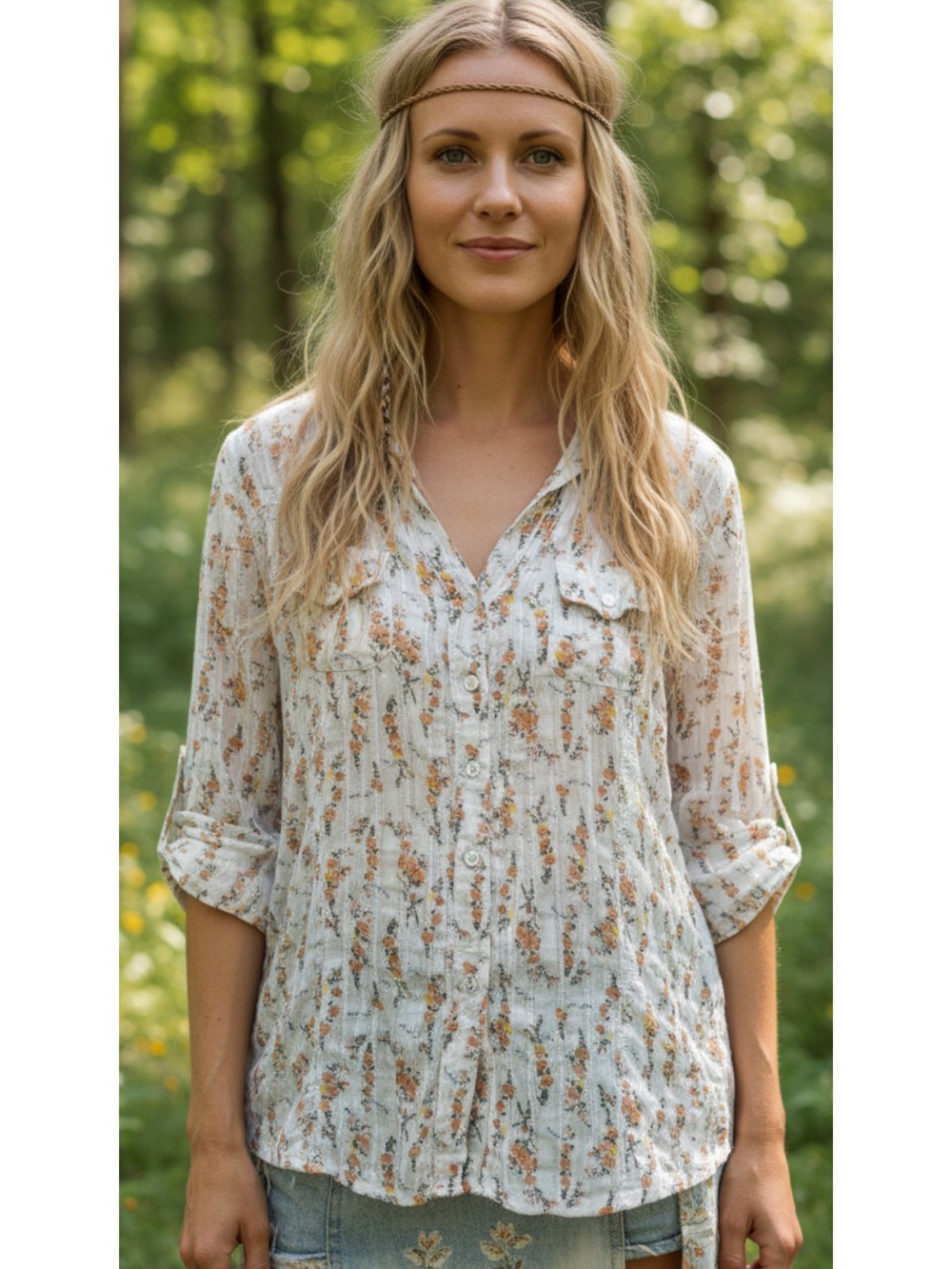 Ditzy Hippie Cottage Core Cotton Floral ButtonFront Women’s Shirt Size XL